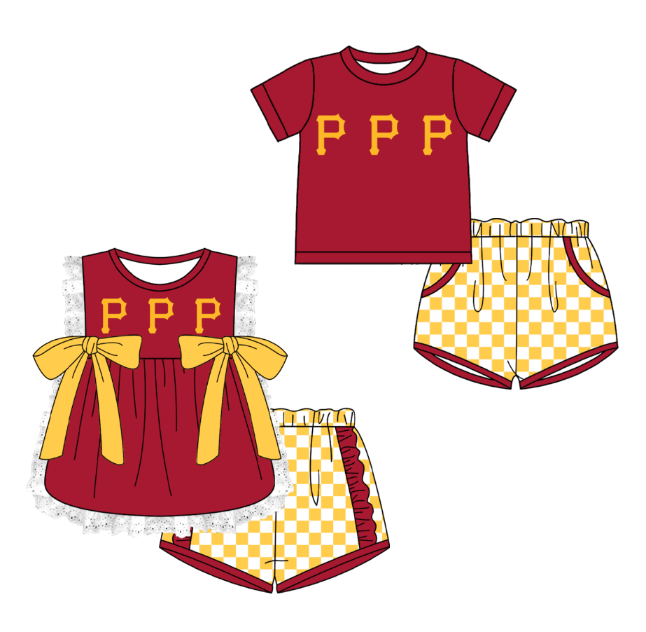 Custom moq 5 mix size milk silk summer teams Red Girl Sleeveless Top And Plaid Shorts Set with Bow Boy Short Sleeved Top And Plaid Shorts Set