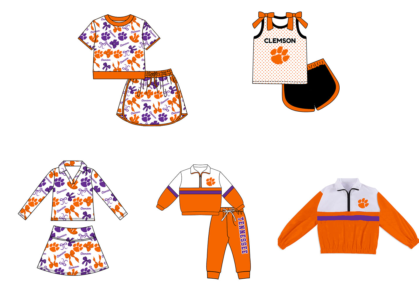 Custom moq 5 mix size summer teams Girls Polka Dot Top Shorts Set Bows Top Skirt Short Set Orange Zipper Pullover Pants Set
