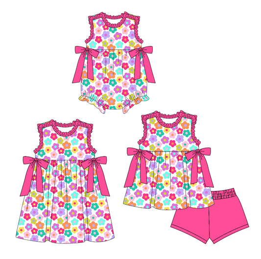 4.3 custom each style moq 5eta 4-6week Sibling Sisters floral baby girl short sleeve shorts sets and dress and rompers match family design