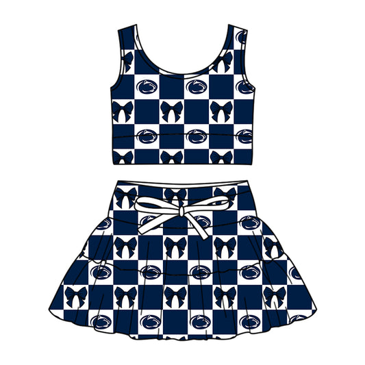Custom moq 3 or 5 mix size milk silk summer teams baby girl clothes bow dark blue sleeveless skirts sets-26.1.23
