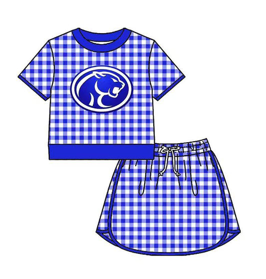 Custom moq 5 mix size milk silk summer teams Baby Girls Blue Plaid Short Sleeve Top Skirt Two Piece Set