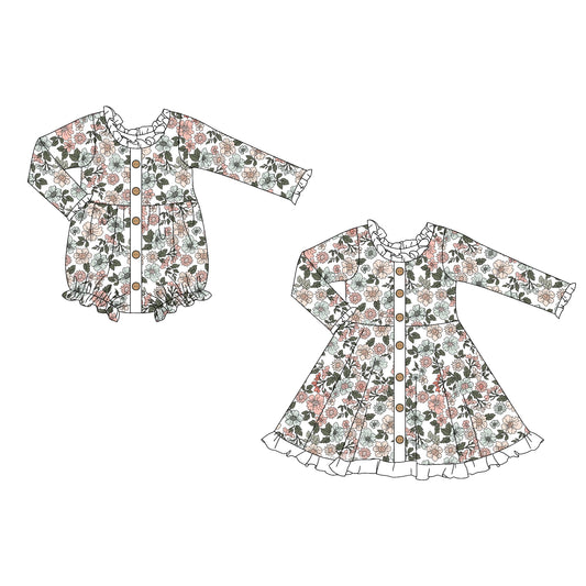 4.25 custom each style moq 5eta 4-6week Sibling Sisters floral baby girl long sleeve dress and rompers match family design