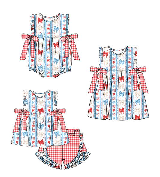 Custom moq 5 mix size Sibling Baby Girl's 4th of July Short-Sleeved Top And Shorts Set Cute Romper Dress for Spring Summer