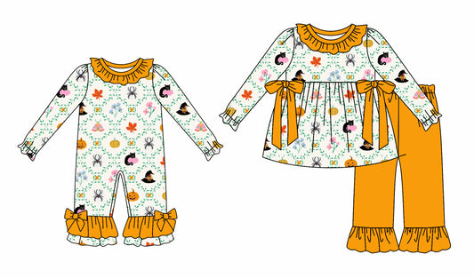 25.6.16 custom each style moq 5eta 4-6week Sibling Sisters bow pumpkin baby girl long sleeve pants sets and rompers match family design