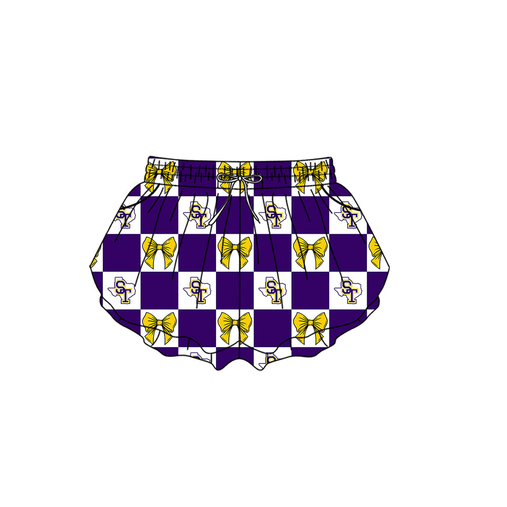 Custom moq 5 mix size milk silk summer teams Purple Checked Bows Baby Girl Sleeveless Yellow Top Skirt Short Set Dress And Shorts Yoga Outfit Boy's Top Shorts Set Romper