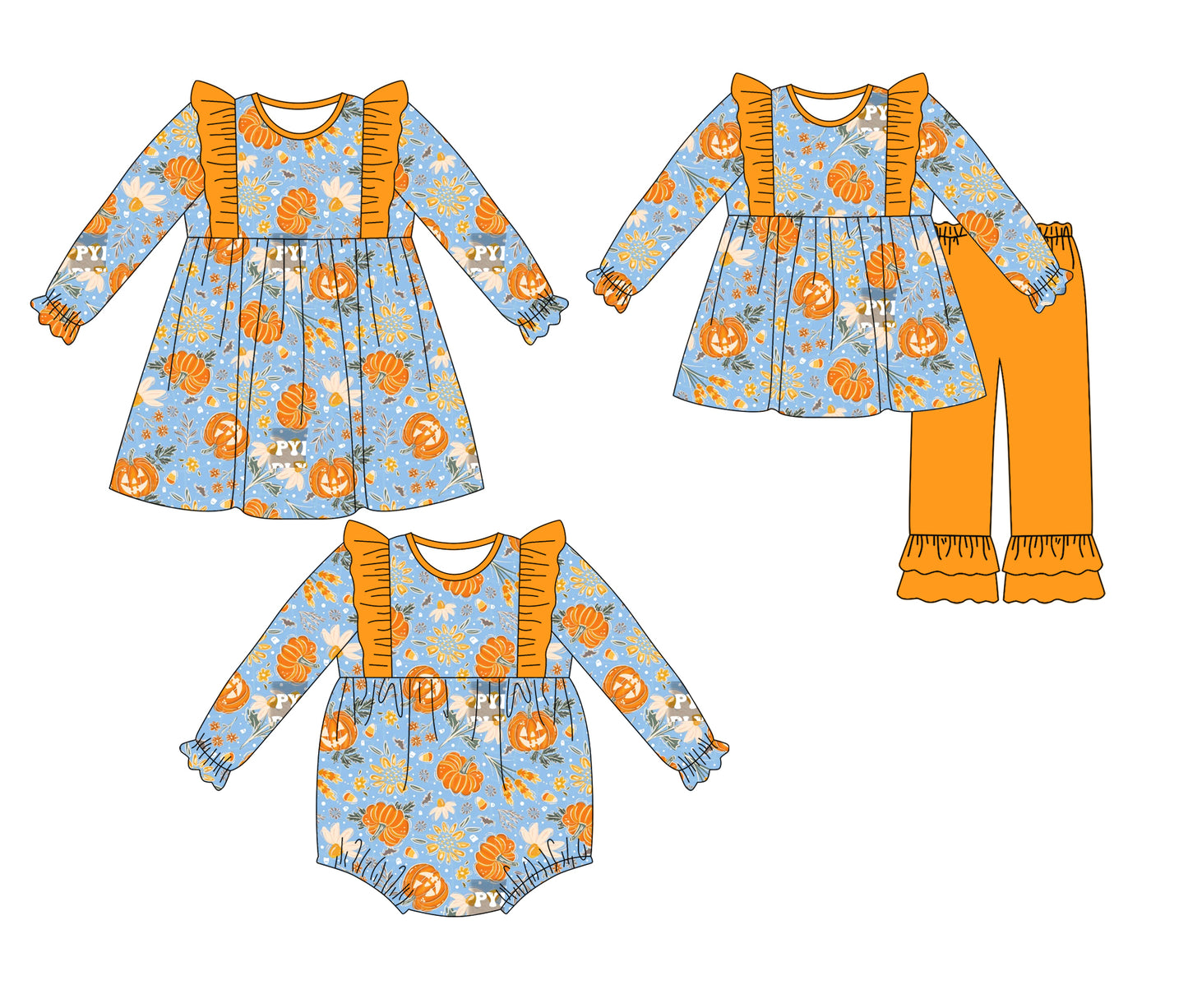 25.5.9 custom each style moq 5eta 4-6week Sibling Sisters pumpkin baby girl long sleeve pants sets and dress and rompers match family design