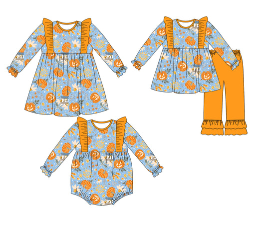 25.5.9 custom each style moq 5eta 4-6week Sibling Sisters pumpkin baby girl long sleeve pants sets and dress and rompers match family design