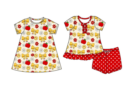 4.7 custom each style moq 5eta 4-6week Sibling Sister smiley bow floral apple baby girl short sleeve shorts sets and dresses match design