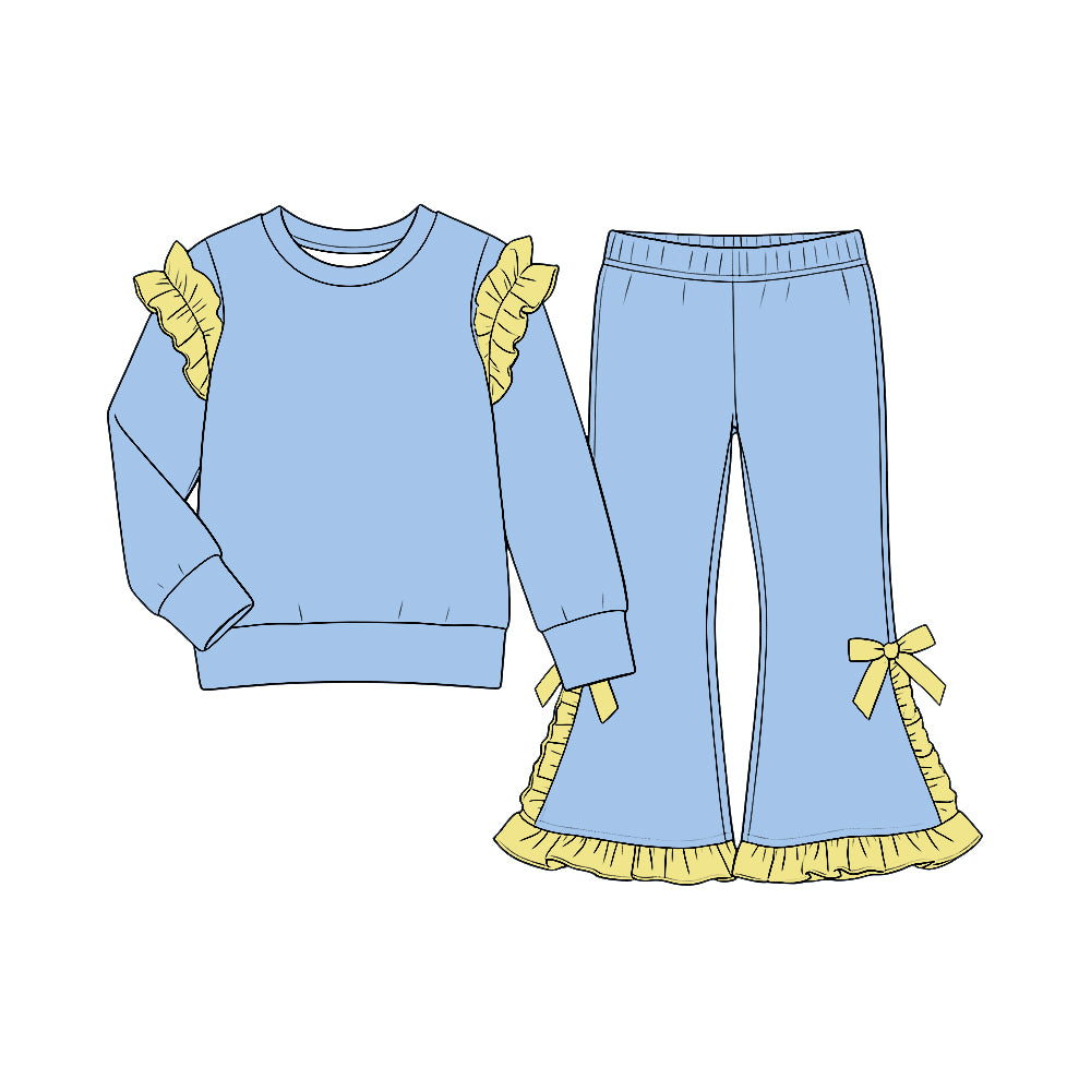 custom moq 5 mix size Baby Girls Light Blue and Yellow Solid Ruffle Shoulder Sweatshirt And Ruffle Hem Bow Flare Pant Set
