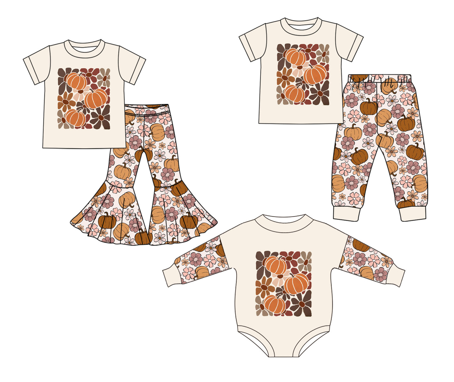 25.5.21 custom each style moq 5eta 4-6week Sibling Sister pumpkin floral baby boy short sleeve pants sets and sets 2 and rompers match family design
