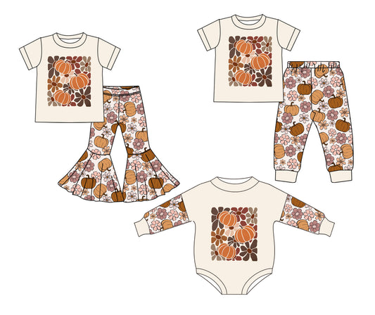 25.5.21 custom each style moq 5eta 4-6week Sibling Sister pumpkin floral baby boy short sleeve pants sets and sets 2 and rompers match family design
