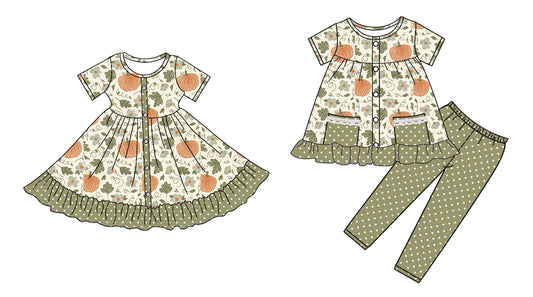 4.28 custom each style moq 5eta 4-6week Sibling Sister pumpkin baby girl pants sets and dress match family design
