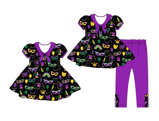 25.10.3 custom each style moq 8 eta 6-8week Sibling Sisters mardi gras baby girl short sleeve pants sets and dress match family design