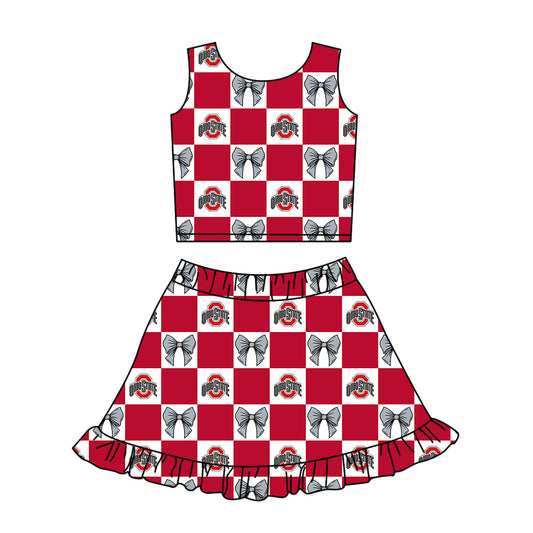 Custom moq 3 or 5 mix size milk silk summer teams baby girl clothes bow red sleeveless skirts sets-26.1.22