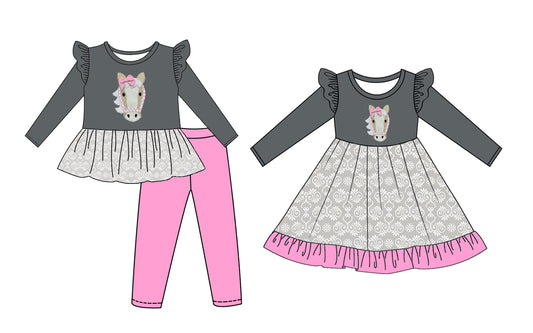 25.6.12 custom each style moq 5eta 4-6week Sibling Sisters cow head bow baby girl long sleeve pants sets and dress match family design