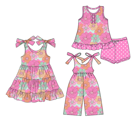 3.22 custom each style moq 5eta 4-6week Sibling Sister floral baby girl short sleeve shorts sets and dresses and jumpsuit match design