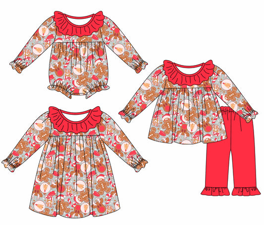 25.6.7 custom each style moq 5eta 4-6week Sibling Sisters Christmas red baby girl long sleeve pants sets and dress and rompers match family design