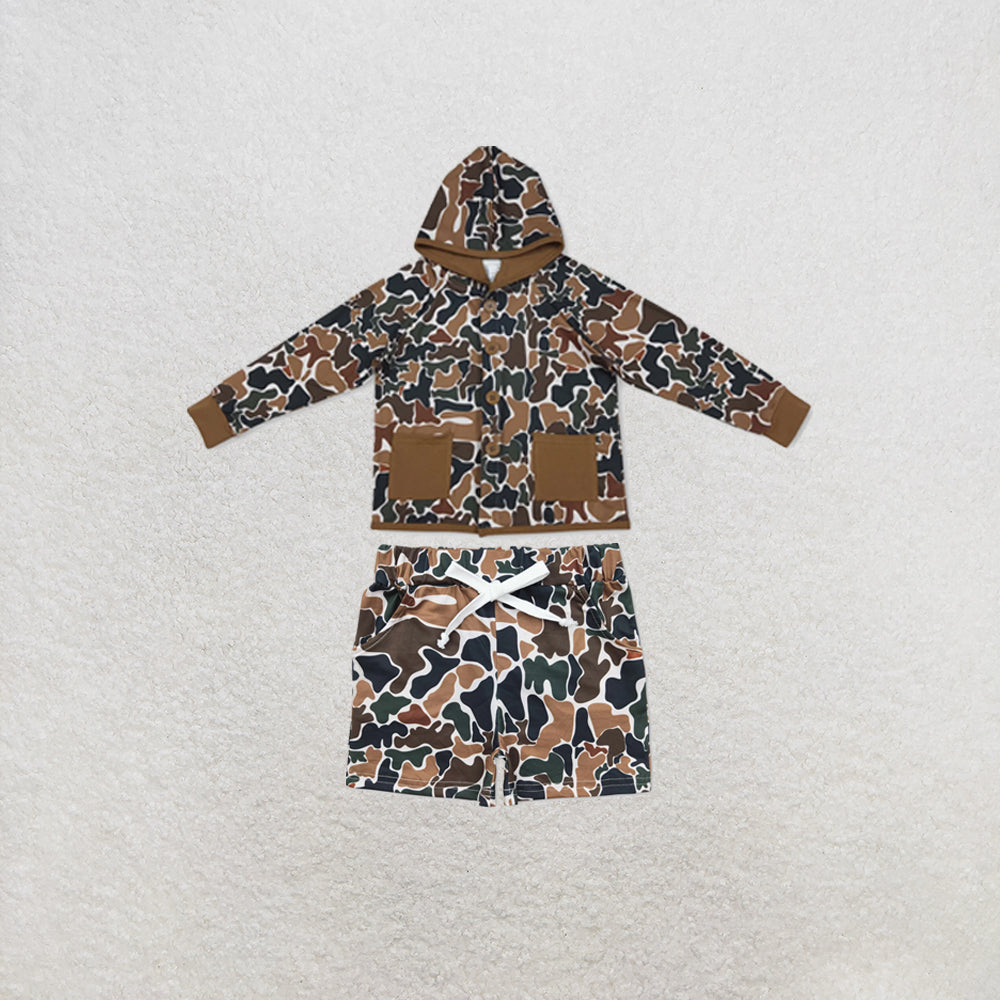 RTS NO MOQ Sibling milk silk Baby Boys Brown Camo Printed Hoodie Top Pocket Short Clothes Set Daily Outfit