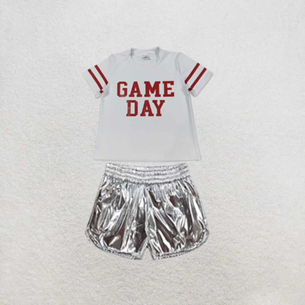 RTS NO MOQ Sibling yoga fabric Baby Girls Vinyl Red Game Day Print Top Matching Shorts Two Piece Team Active Clothes Set