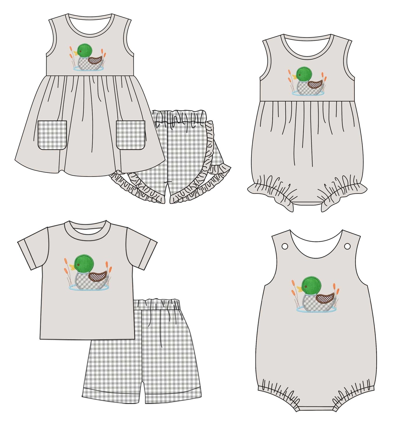 11.2 custom each style moq 5eta 4-6week Sibling Sister duck baby girl short sleeve shorts sets and briefs sets 2 and girls romper and boy romper match design