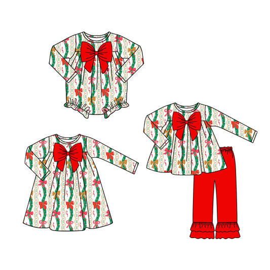 25.7.10 custom each style moq 5eta 4-6week Sibling Sisters Christmas bow baby girl long sleeve pants sets and dress and rompers match family design