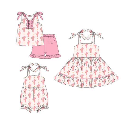 25.6.3 custom each style moq 5eta 4-6week Sibling Sisters catcus pink baby girl short sleeve shorts sets and dress and rompers match family design