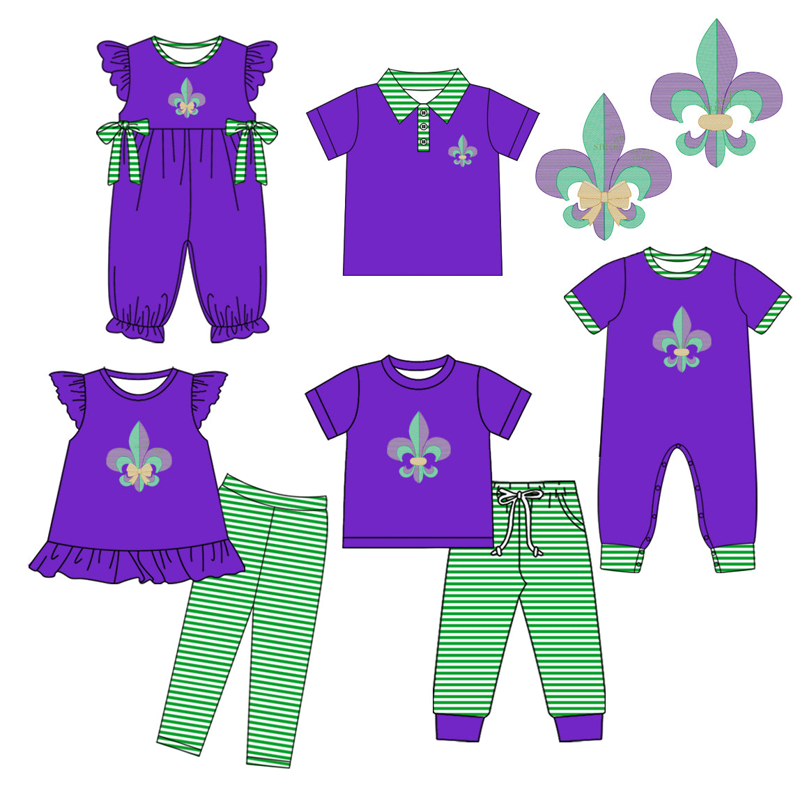 25.10.23 custom each style moq 5 eta 6-8week Sibling Sister mardi gras baby short sleeve pants sets 2 and romper 2 and top match design