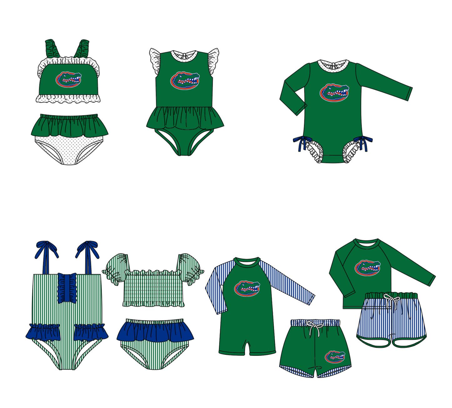Custom moq 5 mix size milk silk summer teams baby girl boys clothes Green Two-Piece Swimsuit Set One Piece Swimsuits boy swim trunks