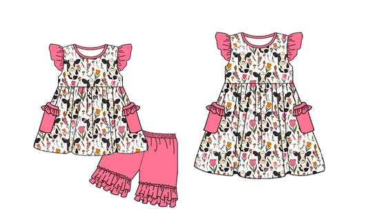 3.27 custom each style moq 5eta 4-6week Sibling Sister cow floral baby girl short sleeve shorts sets and dresses match design