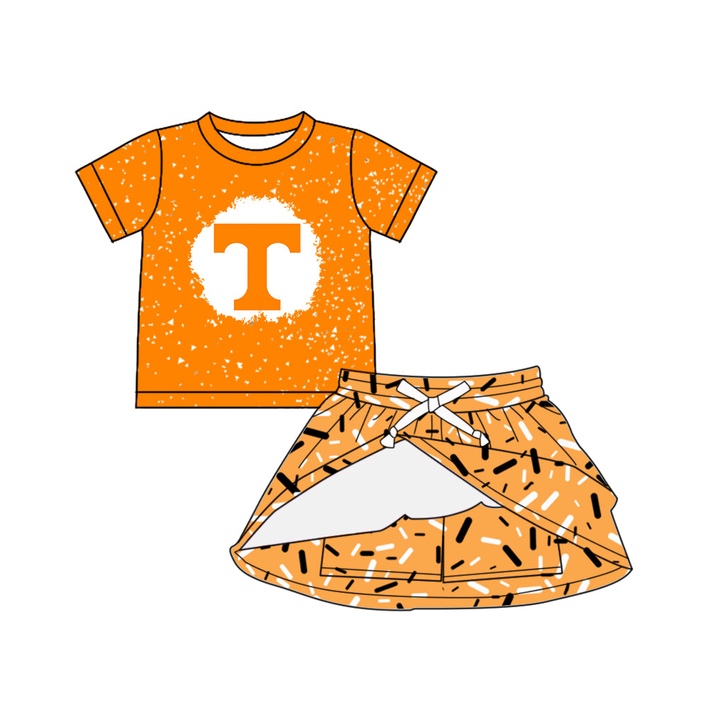 Custom moq 5 mix sizes summer teams baby girls clothes team orange short sleeve skirts shorts sets dress top-25.5.9