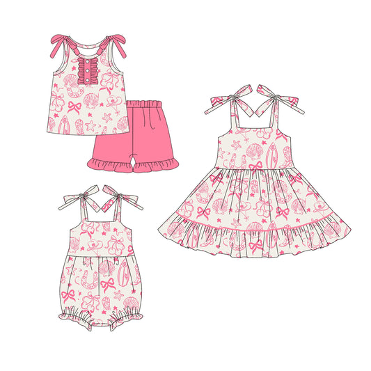 4.21 custom each style moq 5eta 4-6week Sibling Sisters bow baby girl short sleeve shorts sets and dress and rompers match family design