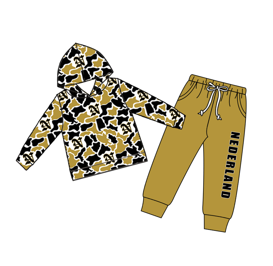 Custom moq 5 mix size teams Baby Boy Casual Camo Hooded Top Drawstring Pants Set with Pockets
