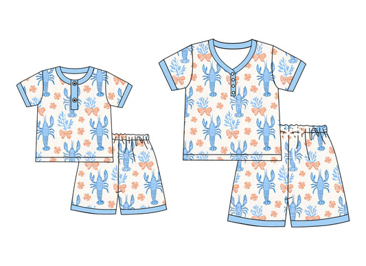 4.23 custom each style moq 5eta 4-6week Sibling Sister lobster bow floral short sleeve shorts sets and adult sets match design