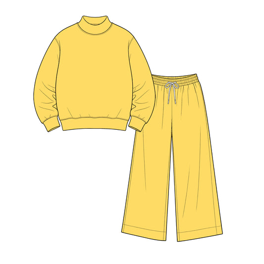 custom moq 5 mix size Baby Kids Yellow Casual Long Sleeve Sweatshirt And Elastic Drawstring Wide Leg Pants Loungewear Two Piece Outfit Set