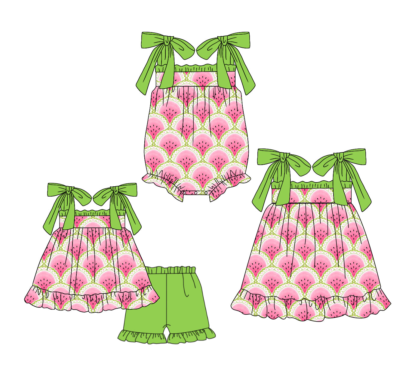 3.23  Custom moq 5 mix size Sibling Baby Girl's Strap Top And Green Short Set Cute Romper Dress for Summer