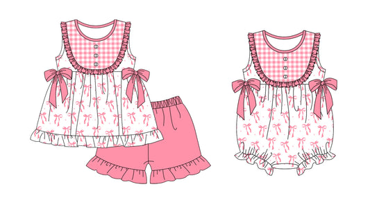 11.18 custom each style moq 5eta 4-6week Sibling Sister  bow pink baby girl short sleeve shorts sets and rompers match design