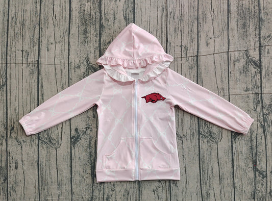 Custom moq 5 mix size milk silk baby girls clothes team summer lace bow pink zipper hooded long sleeve top-25.11.22