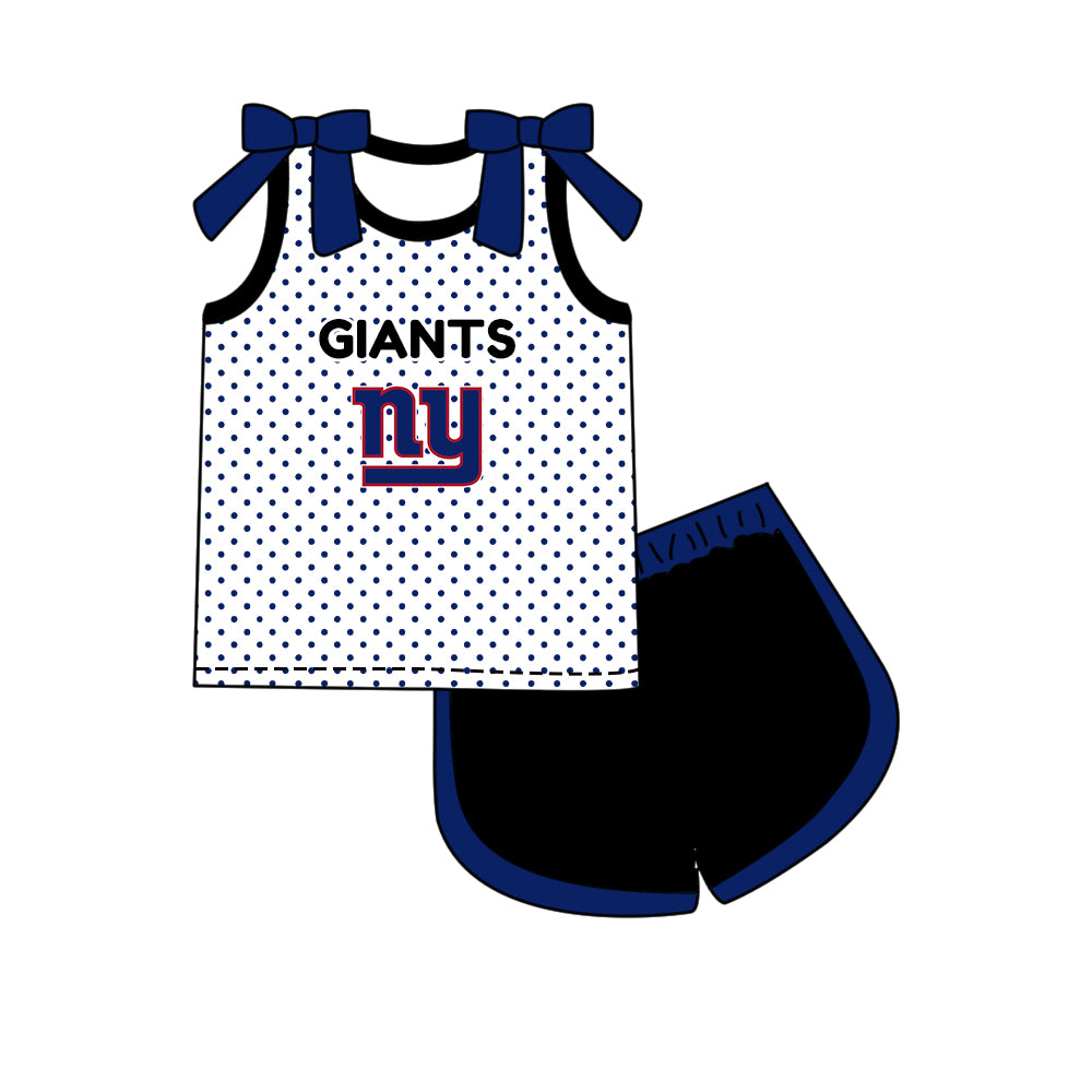 Custom moq 5 mix size summer teams Girls Polka Dot Top Shorts Set Bows Print Top Skirt Set Blue Zipper Pullover Pants Set