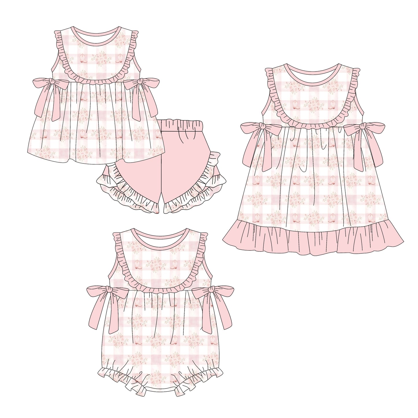 3.6 Custom moq 5 mix size Sibling Baby Girl's Pink Sleeveless Top With Bow And Ruffle Short Set Matching Romper Dress for Summer