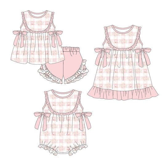 3.6 Custom moq 5 mix size Sibling Baby Girl's Pink Sleeveless Top With Bow And Ruffle Short Set Matching Romper Dress for Summer