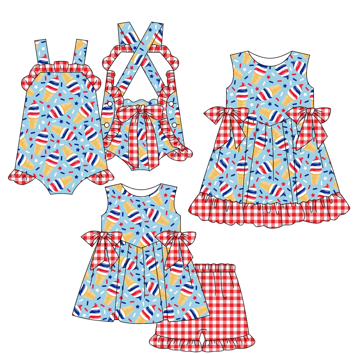 Custom moq 5 mix size Sibling Baby Girl's 4th of July Sleeveless Top And Shorts Set Cute Romper Dress for Summer