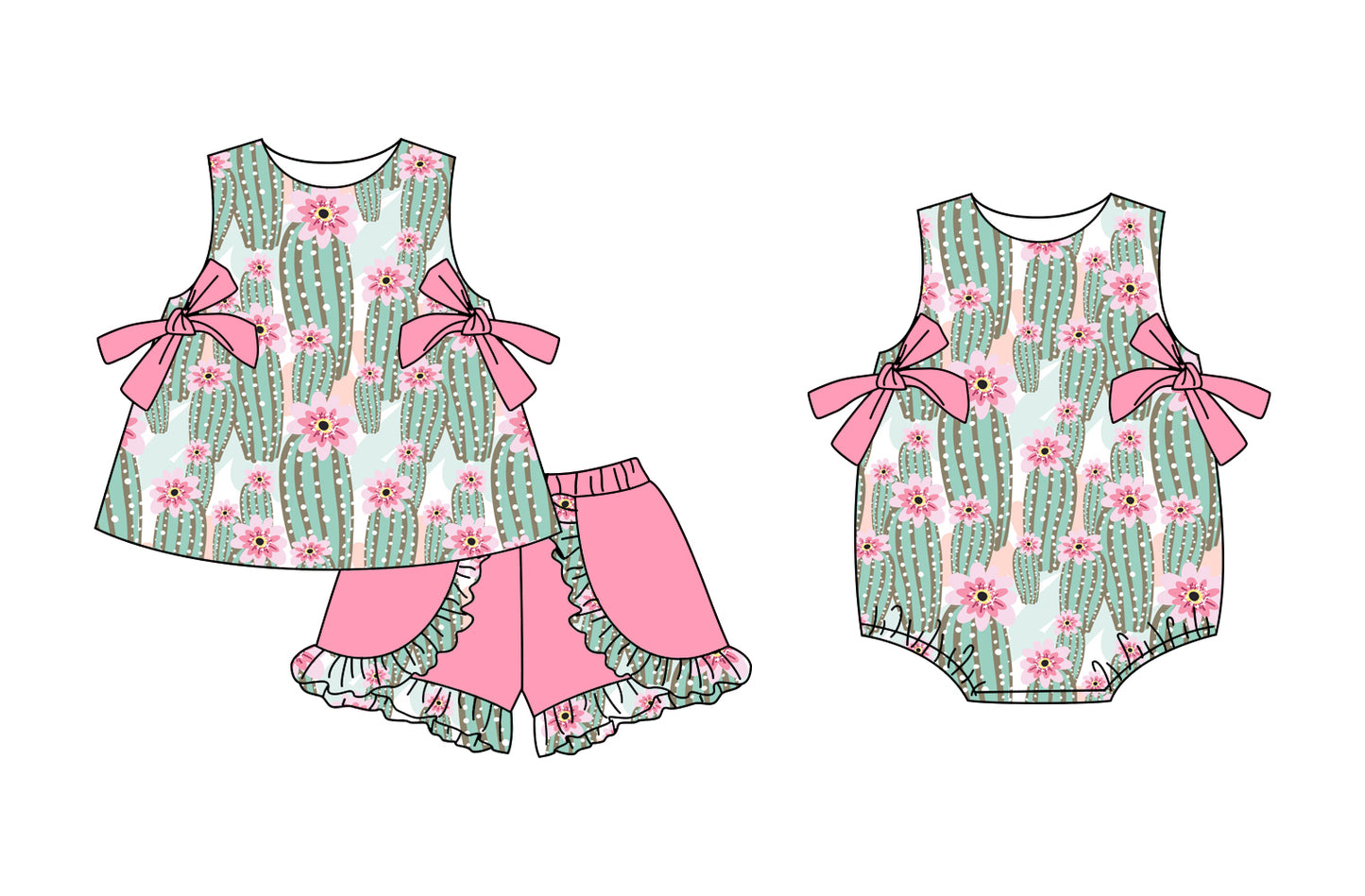 3.3 custom each style moq 5eta 4-6week Sibling Sister catcus floral baby girl short sleeve shorts sets and romper match design