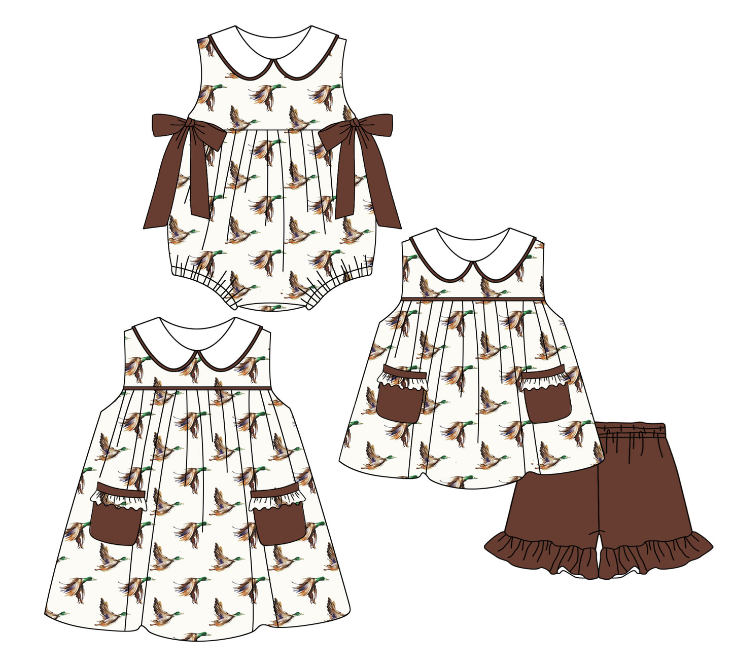 2.22 custom each style moq 5eta 4-6week Sibling Sisters duck baby girl short sleeve shorts sets and dress and rompers match family design