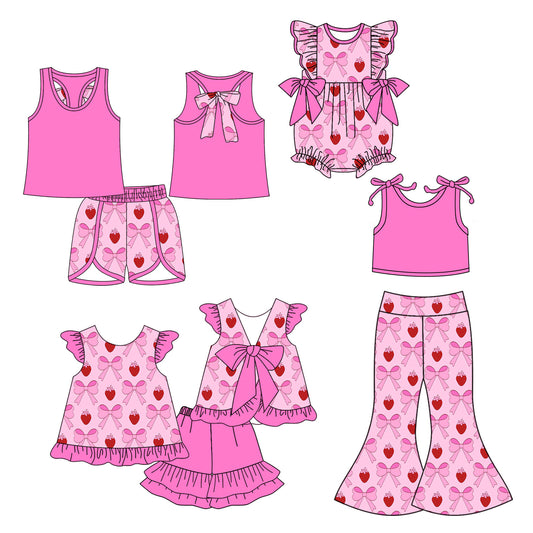 25.10.28 custom each style moq 5 eta 6-8week Sibling Sisters strawberry bow baby girl short sleeve shorts sets 1 and sets 2 and pants sets and rompers match family design