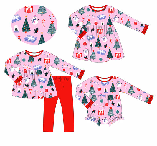 25.6.18 custom each style moq 5eta 4-6week Sibling Sisters Christmas tree baby girl long sleeve pants sets and dress and rompers match family design