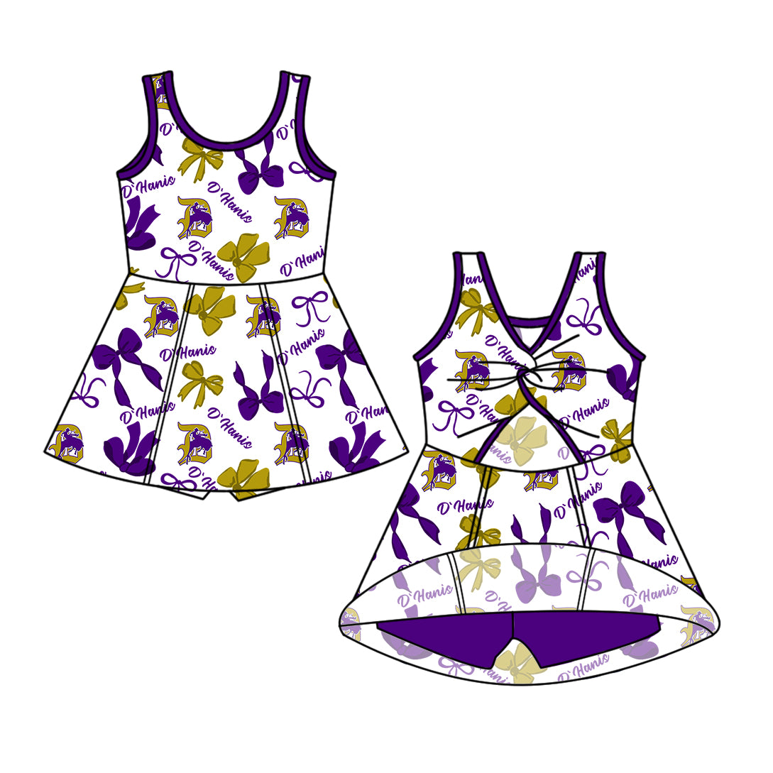 Custom moq 5 mix sizes summer teams baby girls clothes team purple short sleeve skirts shorts sets 1 and skirts sets 2 and and skirts sets 2 and dress 1 and dress 2 and dress 3 and dress 4-25.6.11