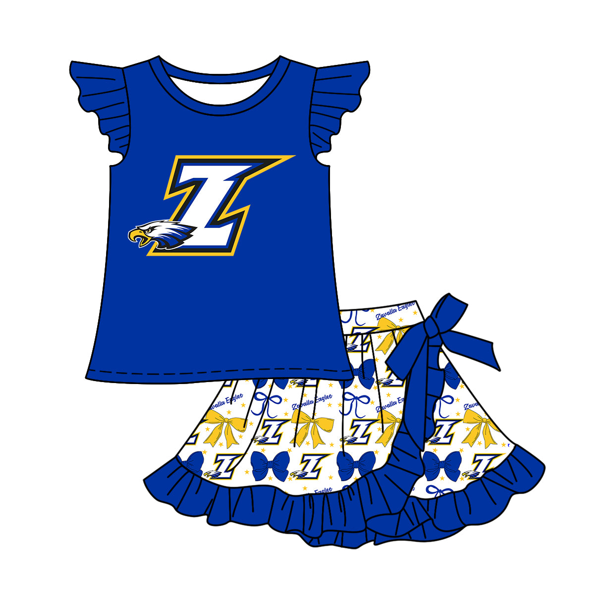 Custom moq 5 mix size milk silk baby girls clothes team bow blue hooded long sleeve tops and and skirts sets and dress and shorts-25.7.17