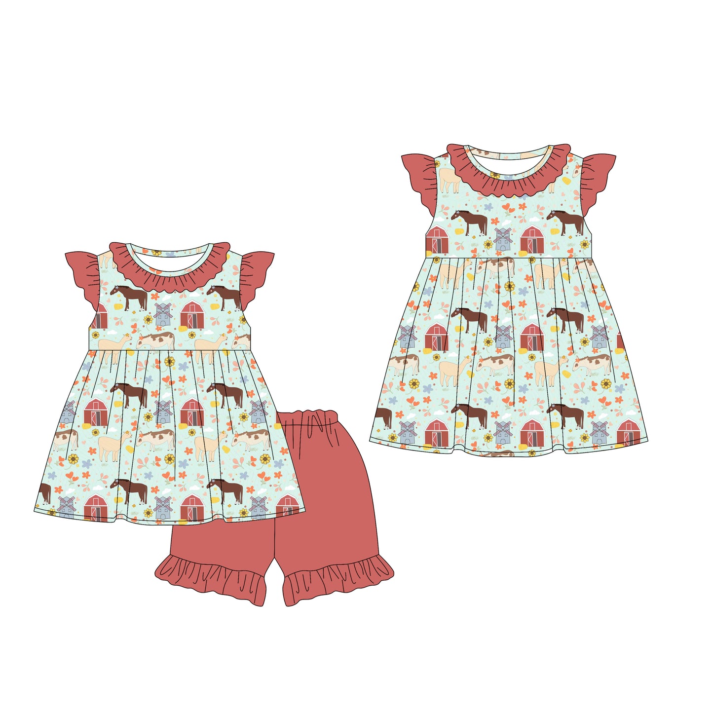 25.12.24 custom each style moq 5 eta 6-8week Sibling Sister farm animal baby short sleeve shorts sets and dress match design