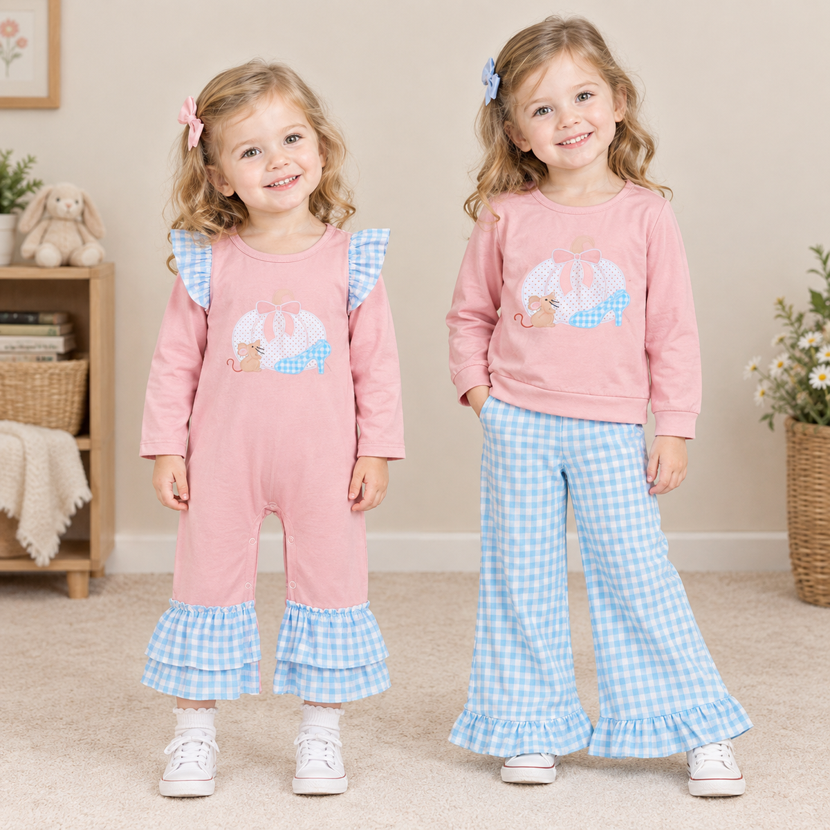 RTS NO MOQ Sibling milk silk Embroidery Baby Girls Bow Pumpkins Long Sleeve Top And Pant Sets Ruffle Romper