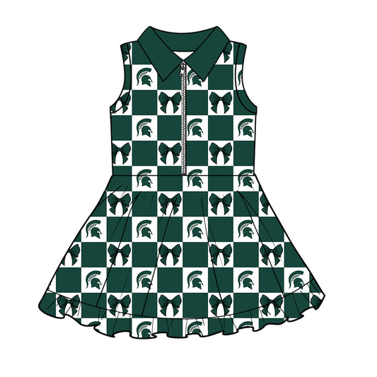 Custom moq 3 or 5 mix size milk silk summer teams baby girl clothes bow dark green sleeveless dress-26.1.21